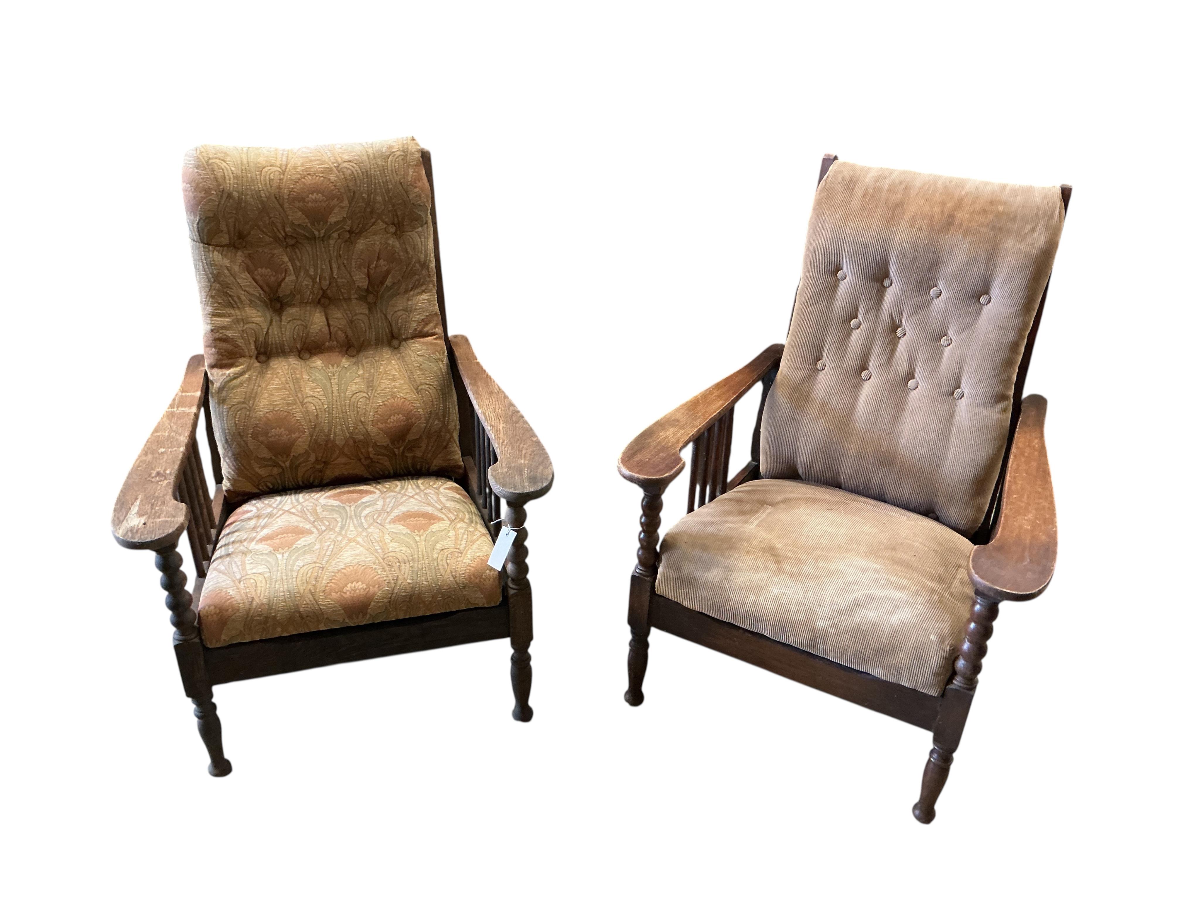A pair of Liberty style Arts and Crafts oak reclining armchairs and an oak octagonal occasional table